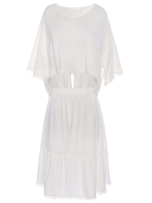 Élégant à manches courtes col en V ample Crop Top + Solide Twinset sa couleur Jupe Femmes - Blanc M