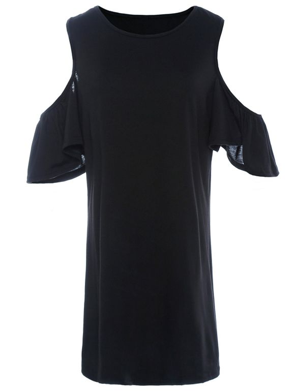 Doux encolure dégagée Off-The-épaule solide robe de couleur femme à manches courtes - Noir L