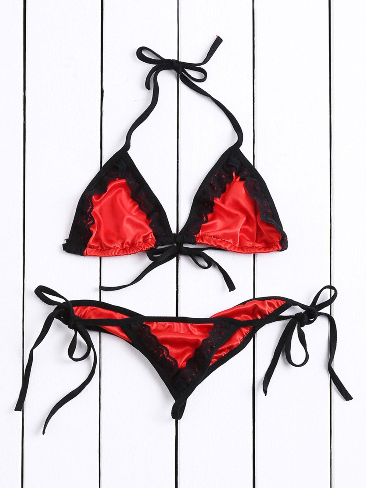 

Alluring Halter Color Block Lace Embellished Women's Bikini Set, Red