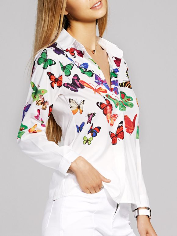 Women's Graceful Long Sleeve Butterfly Pattern Shirt - Blanc M