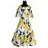 Women's Graceful Jewel Neck Lemon Pattern Pleated Dress - Blanc 2XL