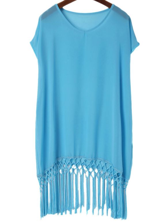 Mode V-Neck Solid Color Tassel Spliced ​​manches courtes femmes s 'Cover-Up - Bleu ONE SIZE(FIT SIZE XS TO M)