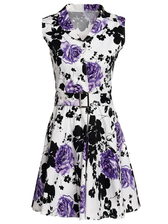Retro manches Turn-Down Collar Floral Print Women Dress  's - Pourpre S