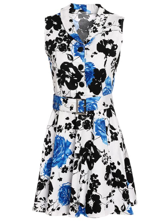 Retro manches Turn-Down Collar Floral Print Women Dress  's - Bleu M