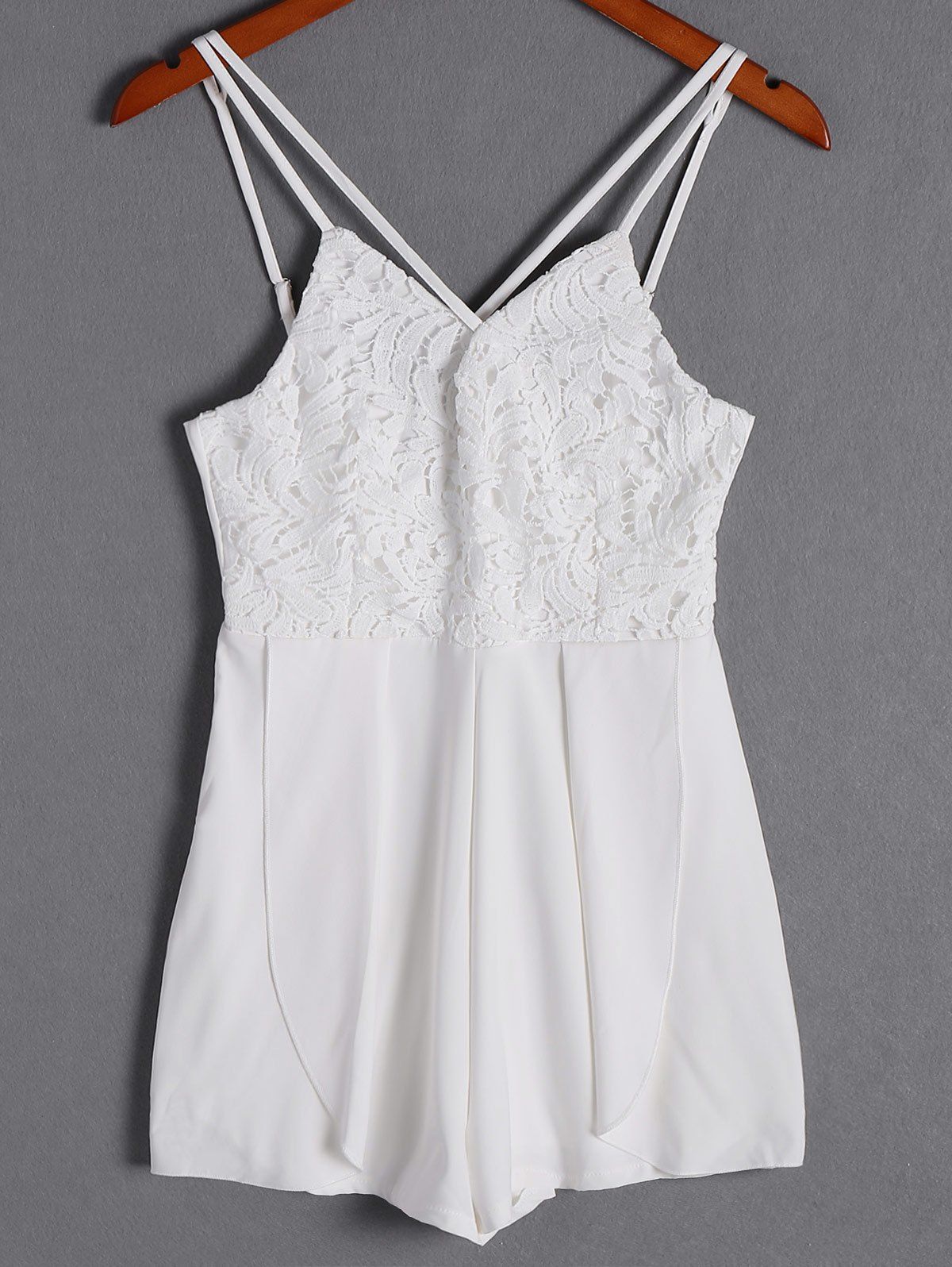 

Fashionable Lace Spaghetti Strap Openwork Romper For Women, White