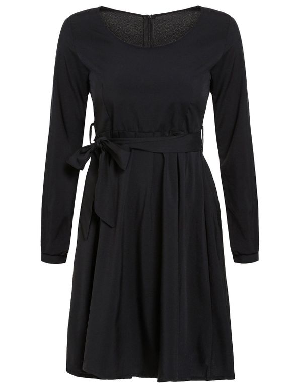 Stylish Jewel Neck 3/4 Sleeve Pocket Design Solid Color Women's Dress - Noir 2XL
