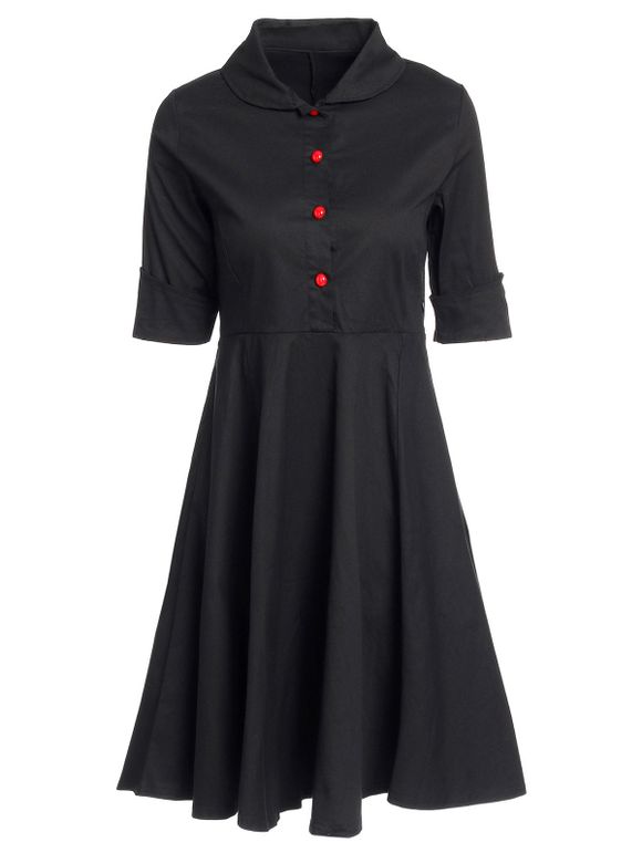 Vintage boutonné col rabattu court robe de bal à manches pour les femmes - Noir M