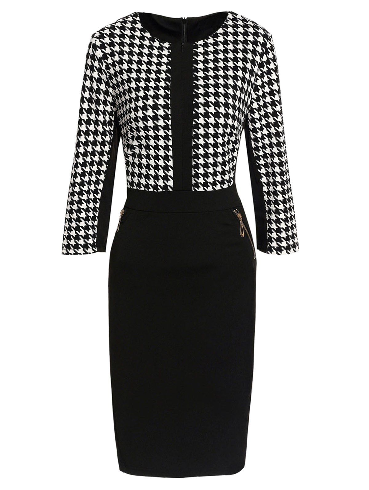 

Zippered Houndstooth Bodycon Dress, White and black