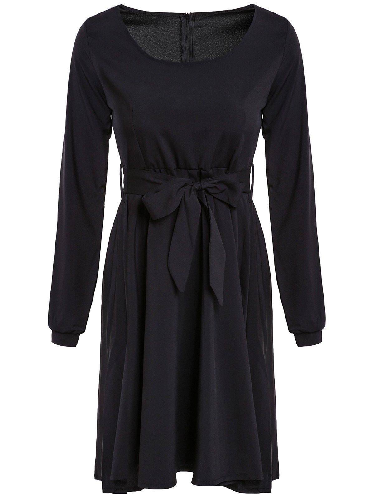 

Graceful Long Sleeve Scoop Neck Self Tie Belt Women's Black Dress