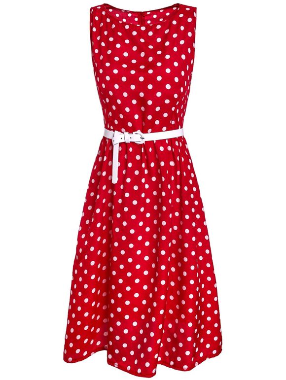 Retro Style Sleeveless Polka Dot Printed Ball Gown Dress For Women - Rouge M