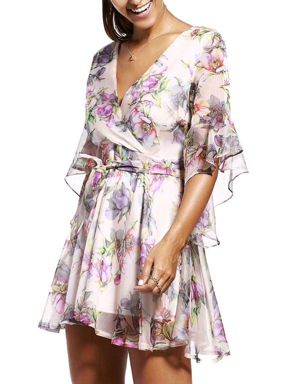 Women's Graceful Flare Sleeve V Neck Floral Print Dress - Abricot ONE SIZE(FIT SIZE XS TO M)