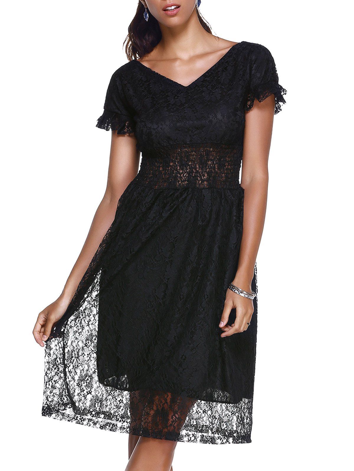 

Women's Graceful Flare Sleeve V Neck High Waist Laced Dress, Black