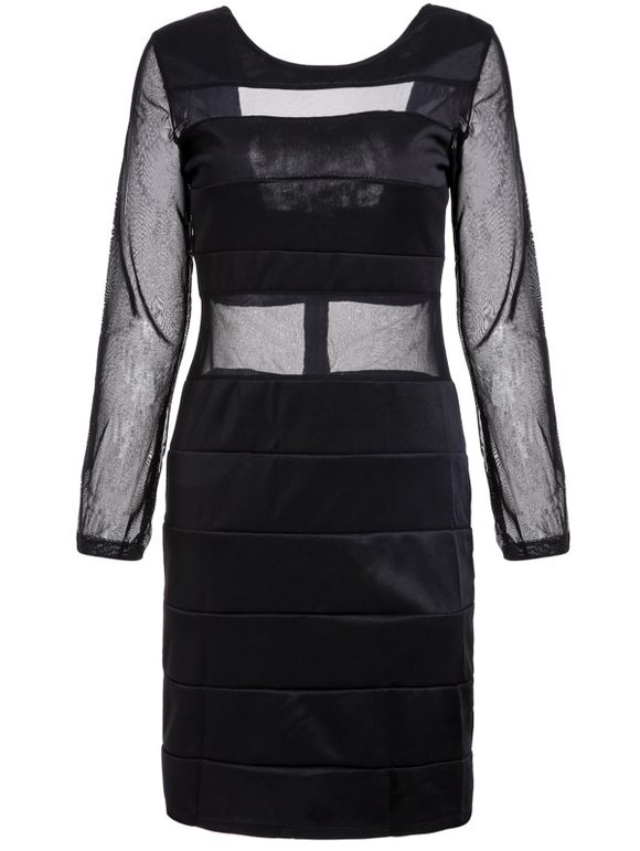 Sexy Scoop Neck Long Sleeve Mesh Splicing Backless Dress For Women - Noir ONE SIZE