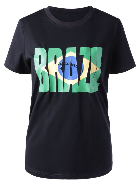 Col rond manches courtes T-shirt Femmes Casual  's Drapeau Brésil - Noir M