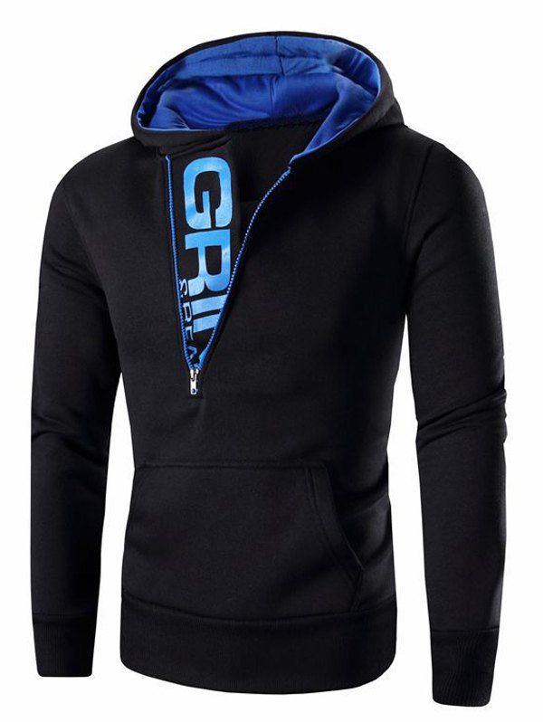 

Men's Letter Printed Zipper Design Long Sleeve Hoodie, Black