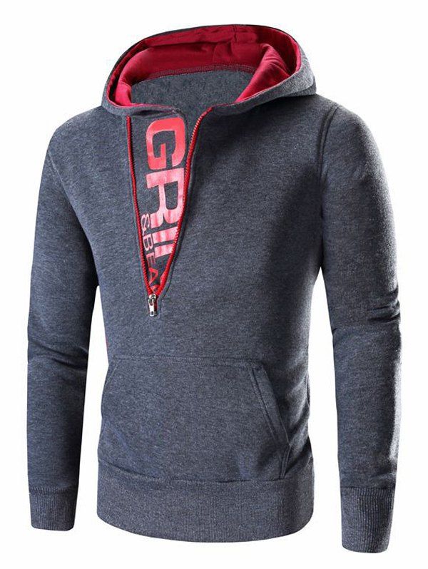 

Men's Letter Printed Zipper Design Long Sleeve Hoodie, Deep gray