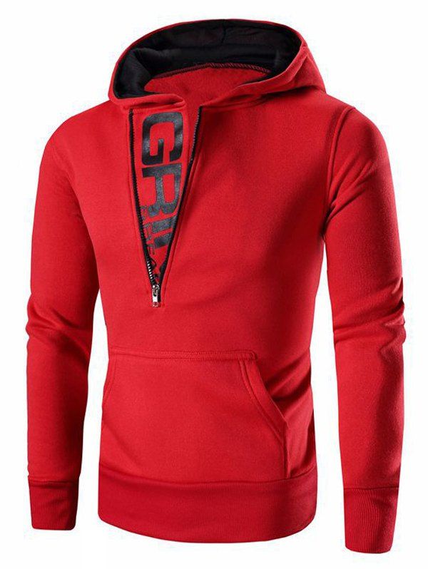 

Men's Letter Printed Zipper Design Long Sleeve Hoodie, Red