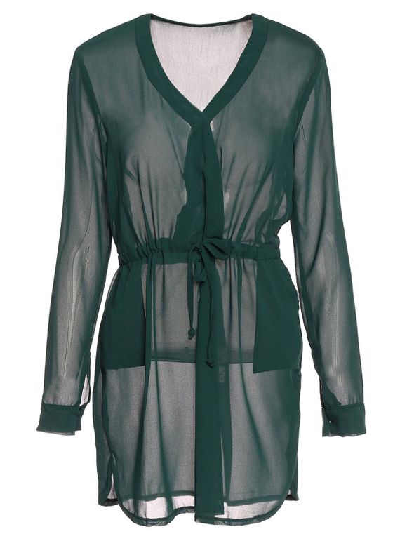 Graceful manches longues Plongeant s 'Dress Neck Drawstring Solide Couleur Femmes - vert foncé S