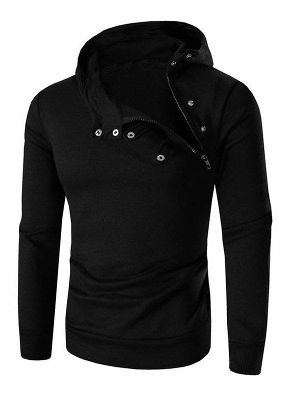 

Men's Button and Zipper Design Long Sleeve Hoodie, Black