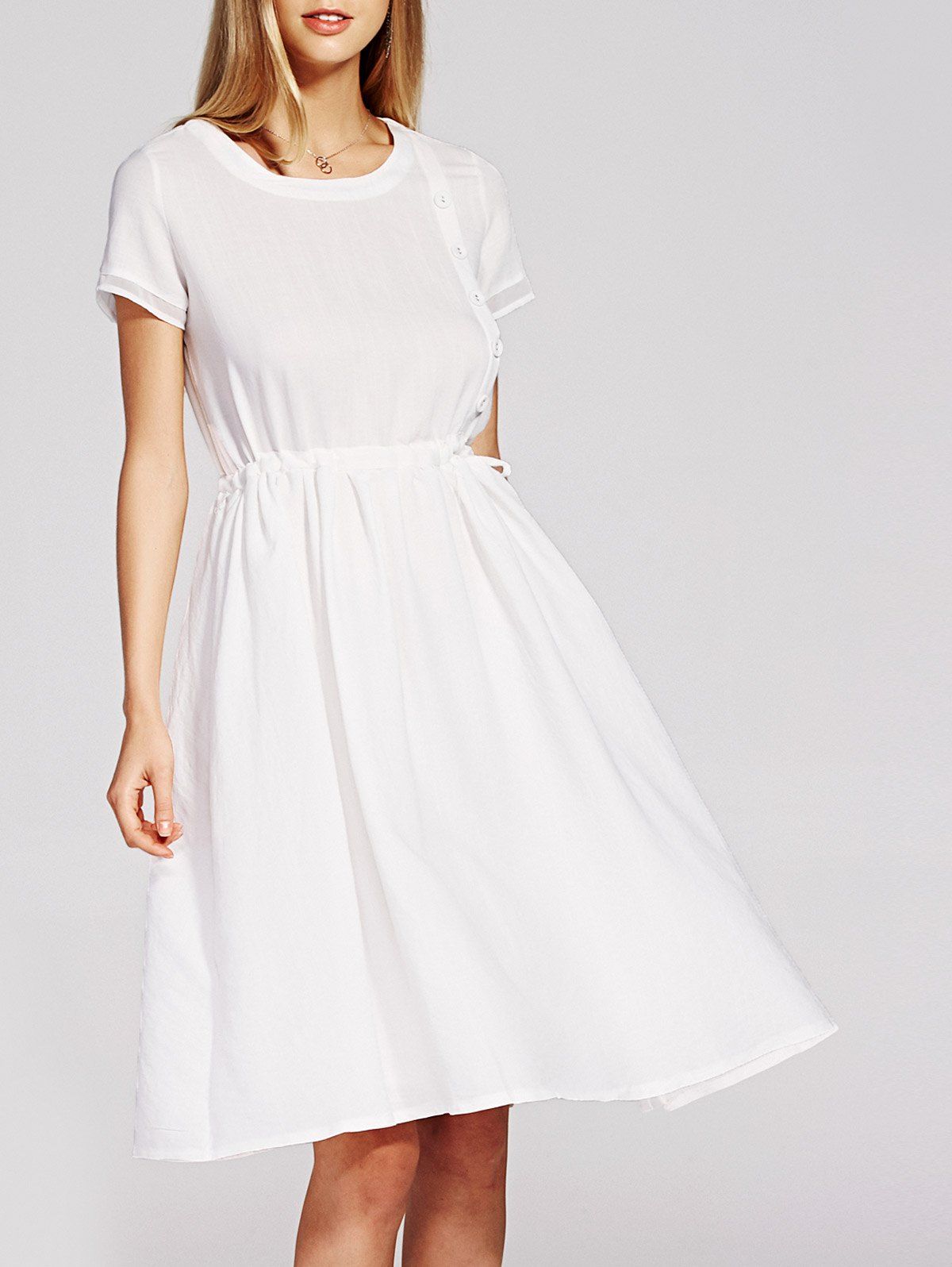 

Sweet Short Sleeve Round Neck Drawstring Buttoned Dress, White