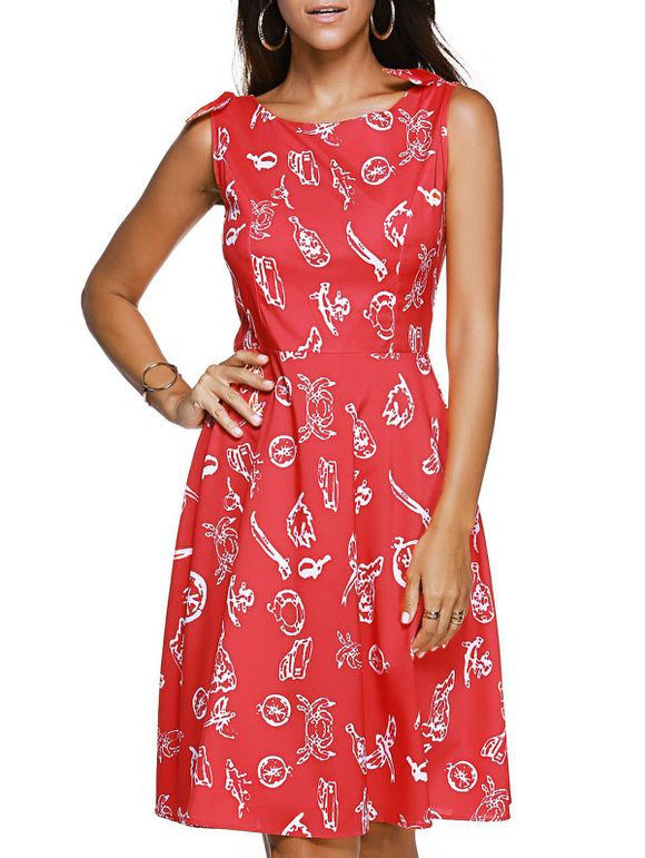 Sleeveless Bow Embellished Print Vintage Women's Dress - Rouge XL