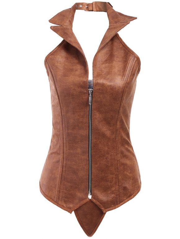 Sexy PU Leather Turn-Down Collar Corset For Women - Kaki L