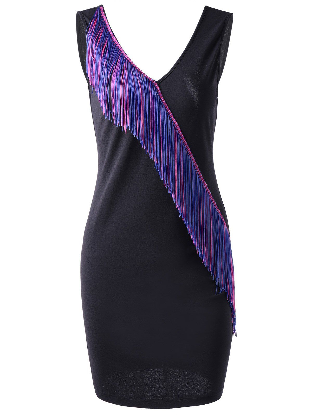 

Elegant Women's Fitted V-Neck Fringe Dress, Black