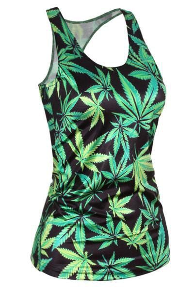 Stylish Scoop Neck Slimming Leaf Print Tank Top For Women - Comme Photo ONE SIZE(FIT SIZE XS TO M)