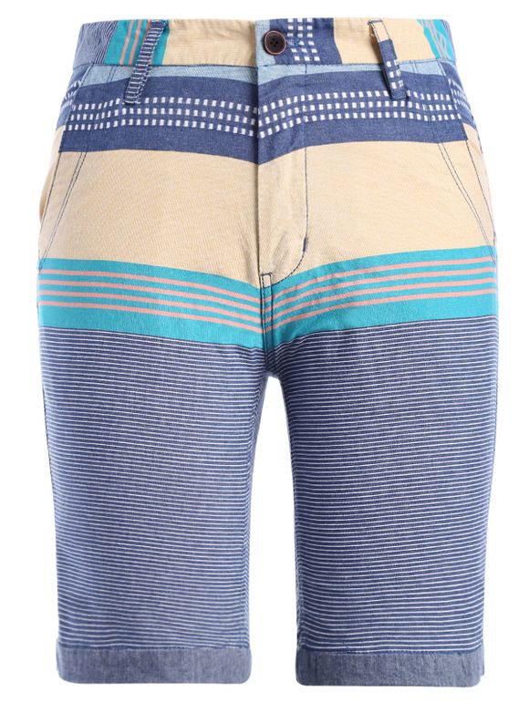 Color Block Stripe Imprimer épissage Shorts Zipper Fly Straight Leg Men  's - Bleu Toile de Jean 3XL