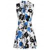 Retro manches Turn-Down Collar Floral Print Women Dress  's - Bleu M