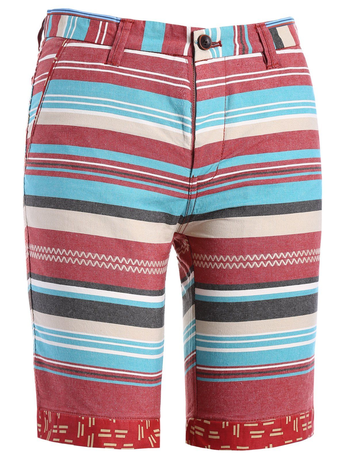 

Colorful Stripes Pattern Wave Embroidered Men's Straight Leg Zipper Fly Shorts, Red