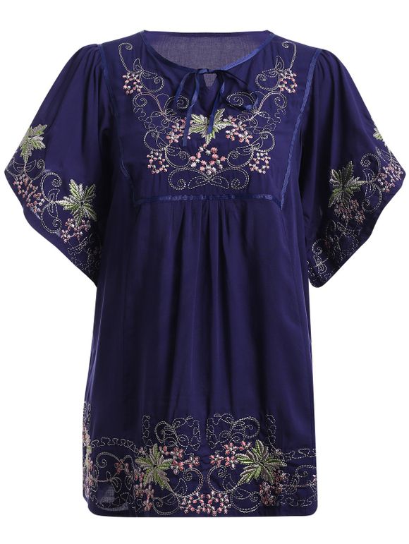 Ethnique style de Bell Sleeve Tie Neck Embroidery Top pour les femmes - Bleu Violet ONE SIZE(FIT SIZE XS TO M)