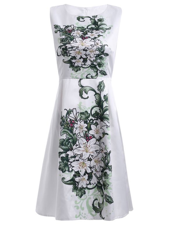 Elegant Women's Round Neck Sleeveless High Waisted Dress - Blanc XL