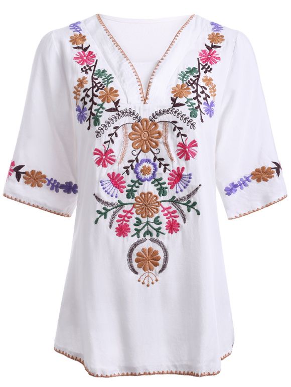 Femmes Style Ethnique s  'V Neck Embroidery Blouse à manches 3/4 - Blanc ONE SIZE(FIT SIZE XS TO M)