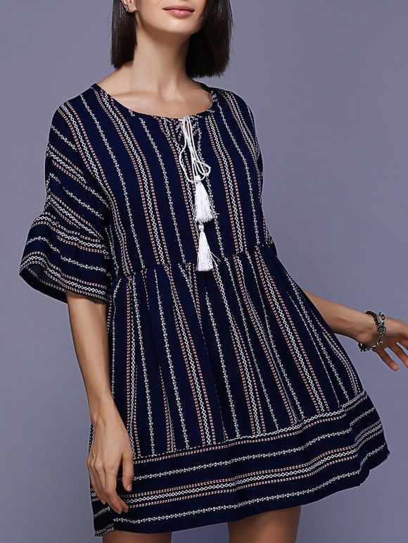 Stylish Tie-Front  Bell Sleeve Loose Mini Ethnic Print Dress For Women - Bleu Violet XL