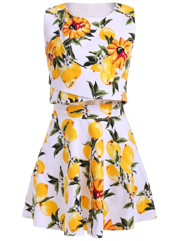 Trendy Jewel Neck Sleeveless Floral Print Two Piece Dress For Women - WHITE ONE SIZE(FIT SIZE XS TO M)