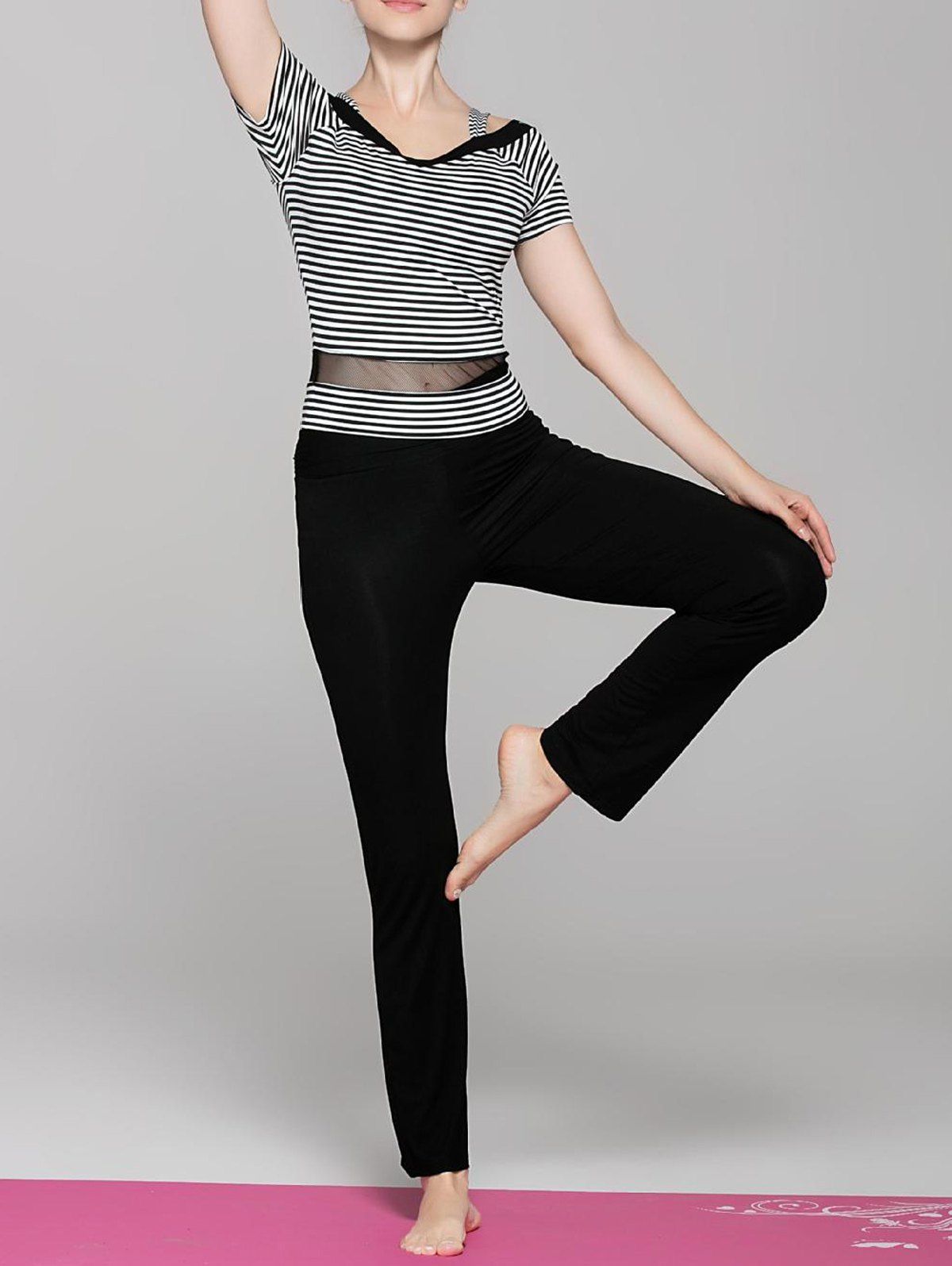 

Sportive Women's Short Sleeve Striped Spliced Yoga T-Shirt + Pants Twinset, Black