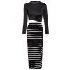 Turtle Neck Long Sleeve Crop Top + Striped Bodycon Skirt Women's Twinset - BLACK L