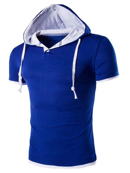 T-Shirt Manches Courtes en Faux-Twinset et à Capuche pour Hommes - Bleu 5XL