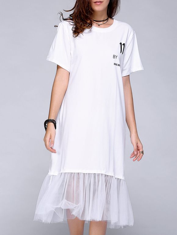 Brève Lettre Imprimer manches courtes Gauze Spliced ​​vestimentaire pour les femmes - Blanc ONE SIZE(FIT SIZE XS TO M)
