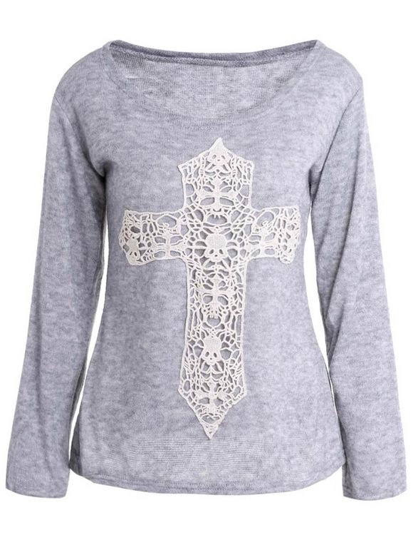 Casual Modèle lacé Crucifix Scoop cou à manches longues T-shirt pour les femmes - Gris XL