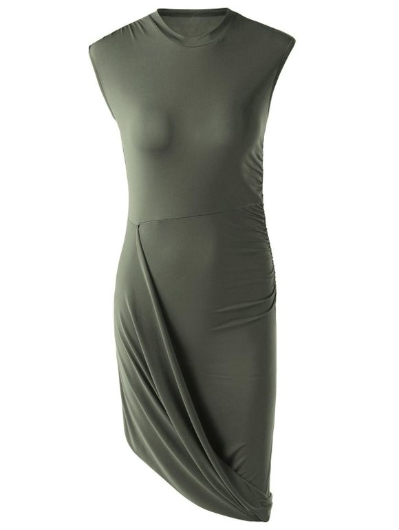 Élégant Solide Couleur sans manches Robe plissée asymétrique pour les femmes - Vert Armée XL