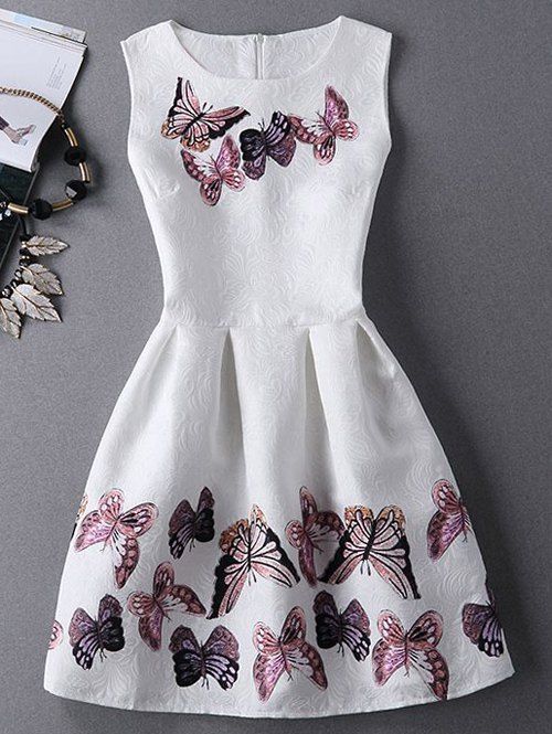 Robe Elégante Plissée Papillon Imprimé Sans Manches à Col Perlé pour Femme - Blanc XL
