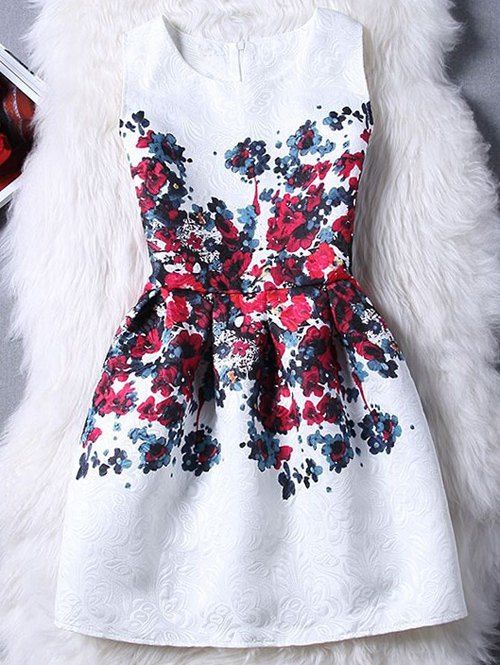 Robe Elégante Fleurie Imprimé en Jacquard Sans Manches à Col Perlé pour Femme - Rouge et Blanc M