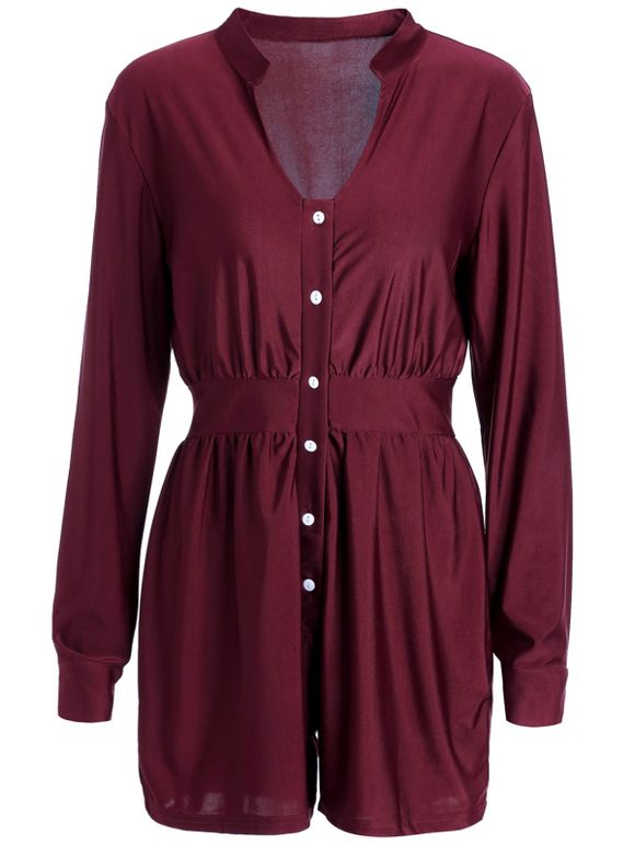 Plongeant cou à la mode Solide Couleur manches longues Mini Robe chemise pour les femmes - Rouge vineux XL