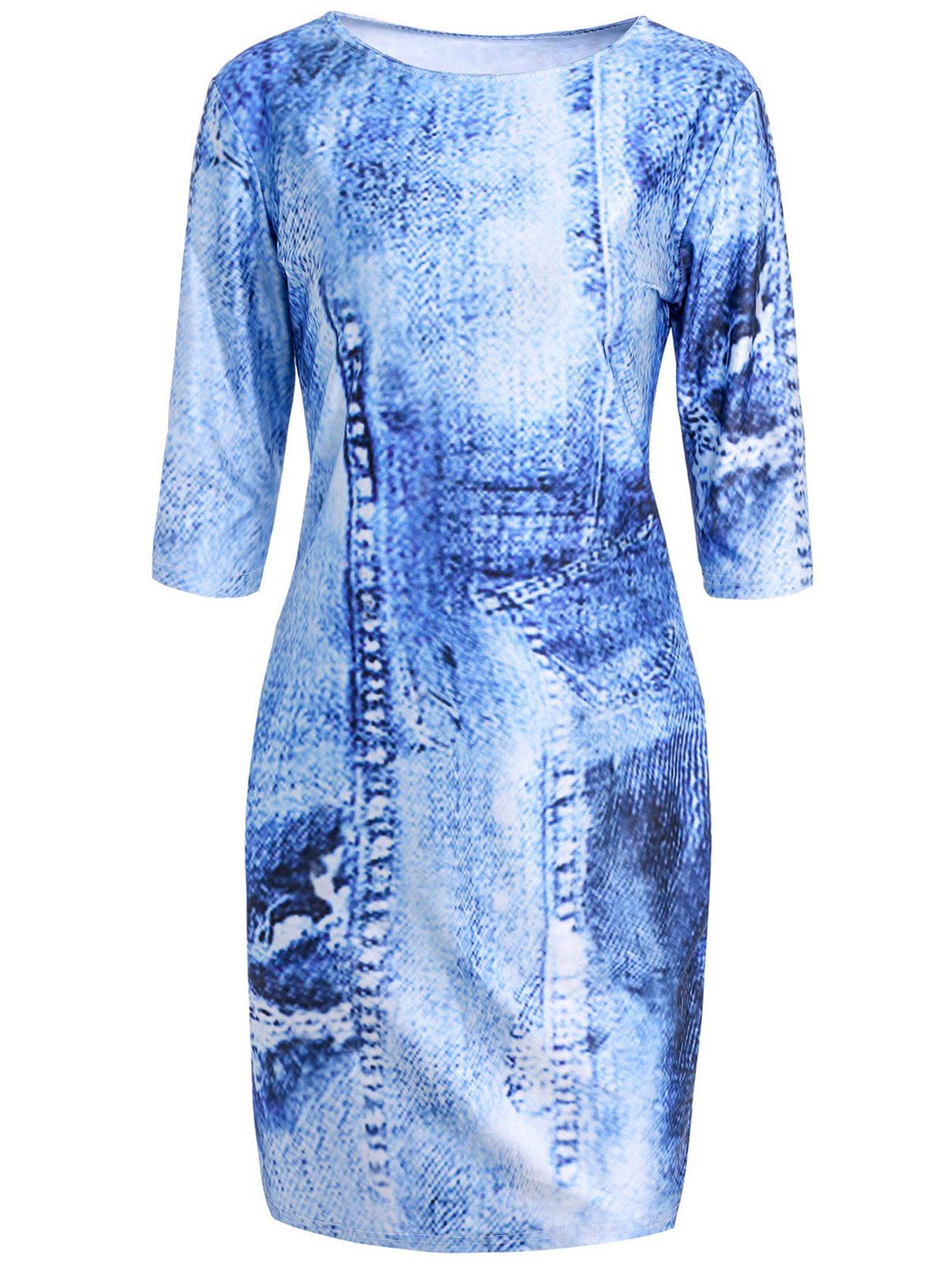 

Chic Round Collar 3/4 Sleeve Faux Denim Printed Bodycon Dress For Women, Blue