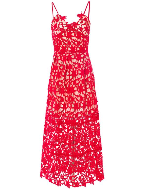 Elegant Spaghetti Strap Sleeveless Backless Solid Color Hollow Out Lace Women's Dress - Rouge M
