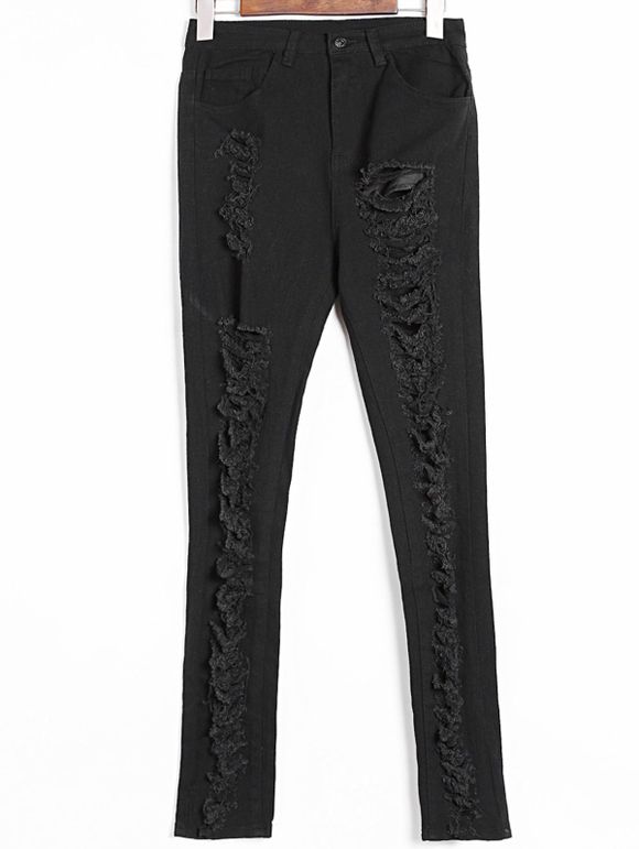 Street Style High Waist Buttoned Broken Hole Jeans pour les femmes - Noir 36