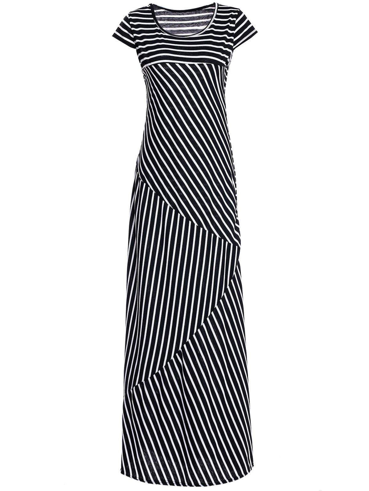 [17% OFF] 2021 Short Sleeve Scoop Collar Striped Maxi Dress In BLACK ...