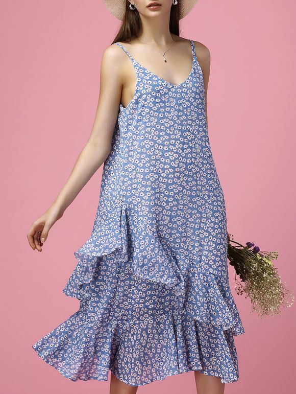 Women's Graceful Layered Floral Print Cami Dress - Moyen Bleu M